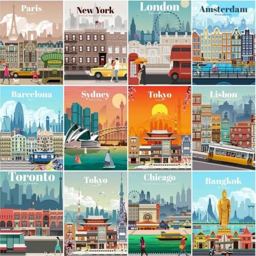 Huacan Full Diamond Mosaic City Text 5D Diamond Painting Kit Landscape Beads Embroidery Arts And Crafts Home Decoration