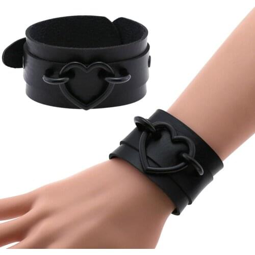 Black Metal Heart Wide Cuff Leather Bracelets Punk Gothic Rock Unisex Bangles Bracelet Wristband For Women Men Emo Rave Jewelry