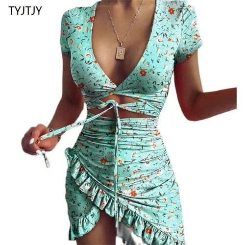Floral Print Fashion Tie Up Wrap Mini Dress 2021 Summer Holiday Ruffles Sundress Ruched Womens Dress Short Sleeve