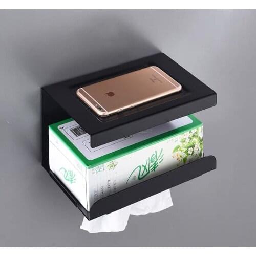 Toilet Paper Holder Black Aluminium Durable Wall Mounted Roll Paper Holder Organizer Phone Rack Bathroom Tissue Box
