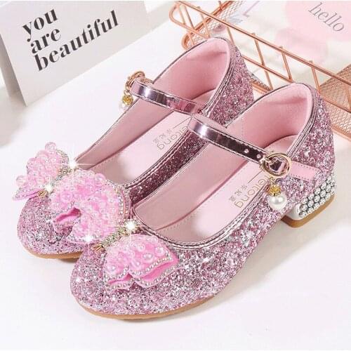 Children Shoes Girls High Heel Princess Dance Sandals Bow Kids Shoes Glitter Leather Fashion Party Dress Wedding Shoes E665