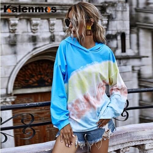 KALENMOS Plus Size Tie Dye Printed Sweatshirts Women Loose Hooded Drawstring Homewear Warm Top Pullovers Hoodie Lounge Tracksuit