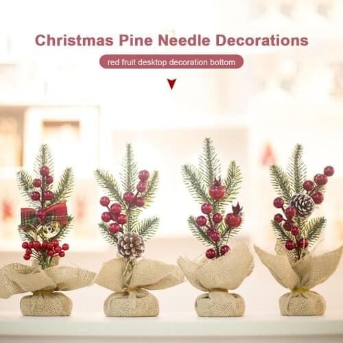 Classic Christmas Plastic Pine Needle Cuttings Red Fruit Desktop Decoration Bottom Covered with Linen Christmas Decorations