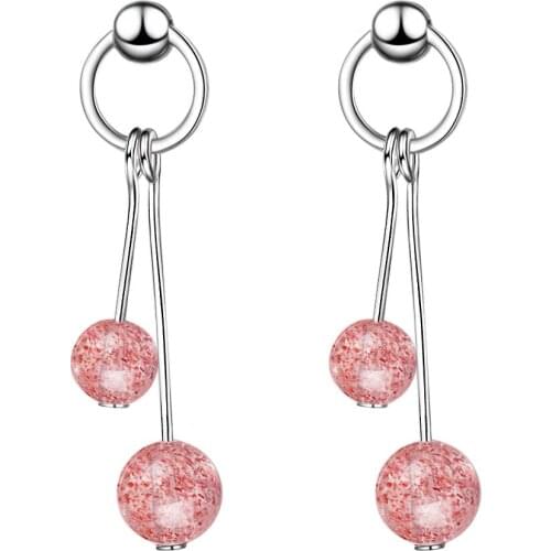 New Arrival 925 Sterling Silver Earrings Sweet Simple Circle Natural Strawberry Crystal Tassel Earrings For Women Gift