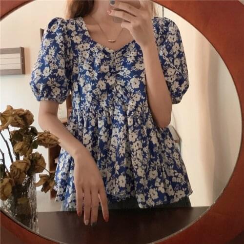 Summer French Shirts for Women Tops Ladies Bubble Sleeves Short Sleeve Korean Fashion Women Clothing Chiffon Casual Female 0968