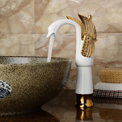 Basin Faucets Swan Bathroom Faucet White and Golden Water Basin Mixer Taps Chrome Finish Brass Toilet Sink Water Crane Antique