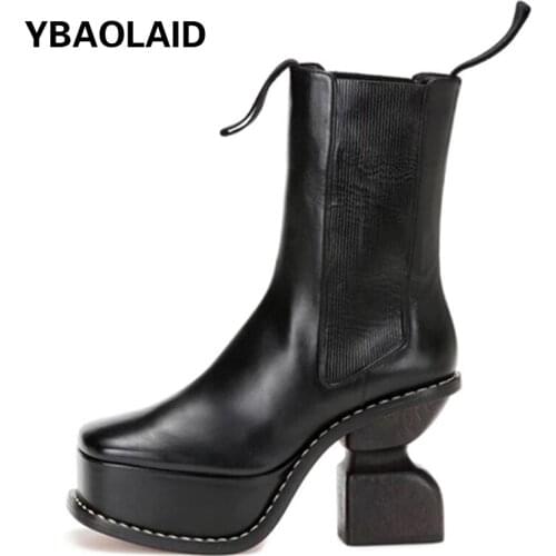 Square-toe Waterproof Platform Profiled Thick High-heeled Short Boots New Stretch Surface Nude Boots Personalized Martin Boots