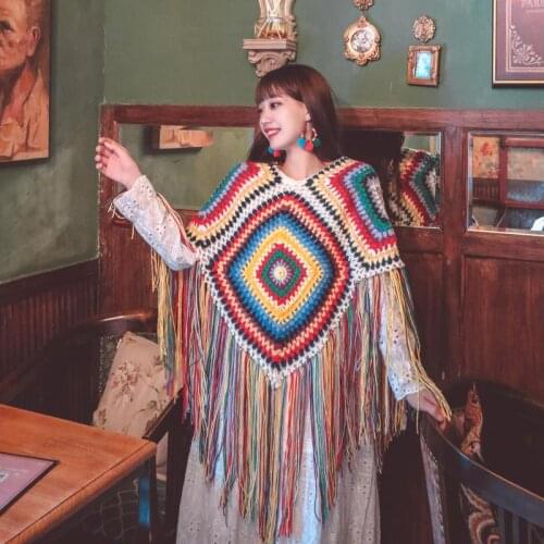 Crochet National Style Hand-Woven Scarf With Shawl Retro Patchwork Color Tassel Rainbow Scarf Woman