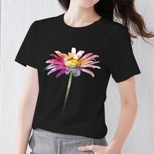 Womens T-shirt Summer Beautiful Daisy Pattern Series Tee Shirt for Woman Casual Black Printing Short Sleeve Tops Female Clothes