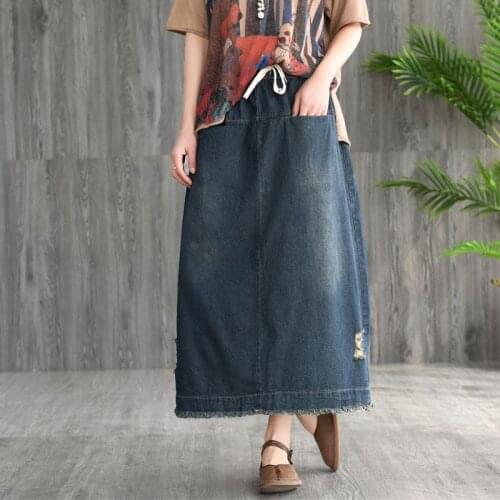 TIYIHAILEY Free Shipping 2020 New Cotton Denim Long Maxi Skirts For Women Summer Spring Elastic Waist A-line Skirts With Pockets