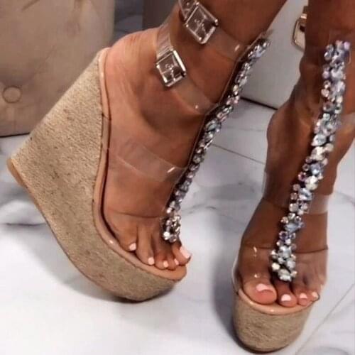 Woman Bling Bling Rhinetsone Embellished Clear PVC Strap Sandals Platform Wedge High Heel Peep Toe Shoes Summer Beach Sandalias