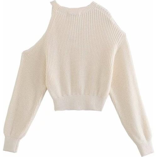 MESTTRAF Women 2021 Fashion Solid Color Off-The-Shoulder Knitted Sweater Retro Long-Sleeved O-Neck All-Match Pullover Streetwear