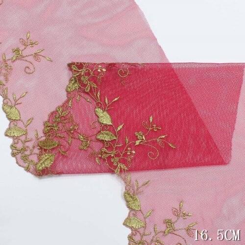 2Yards Vintage Red Mesh Tulle Gold Leaf Embroidery Lace Trim Fabrics For Bra Lingerie Underwear Sofa Curtain Womens Dress Decor