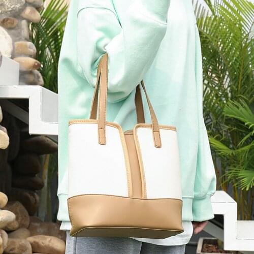 2021 Leather Canvas Stitching Women Bucket Bags Shoulder Crossbody Bag Large-Capacity Travel Shoulder Bag Lady Tote Handbags