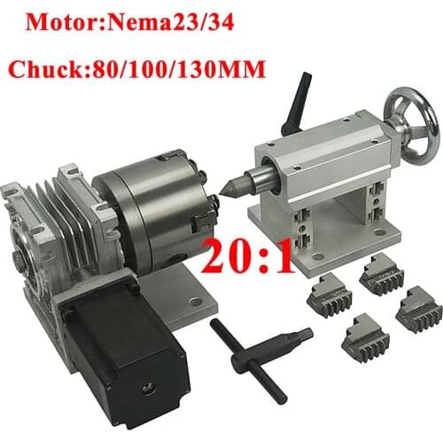 4 axis cnc 4 jaw chuck 80mm 100mm 130mm rotary A axis 4th axis tailstock 20:1 for cnc router engraver milling machine 4 axis kit