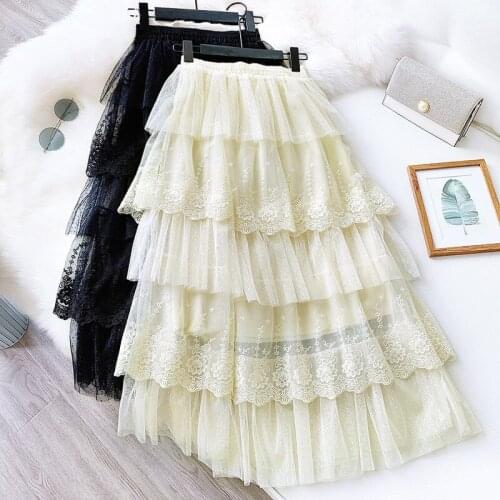 Ball Gown Skirt Women 2020 Spring Summer Tulle Skirts Embroidery Lace Long Mesh Skirt Slim Elastic High Waist Pleated Skirts