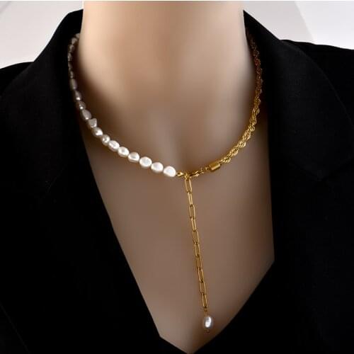 Stainless steel pearl splicing necklace twist chain socialite retro small mass temperament collarbone chain choker chain