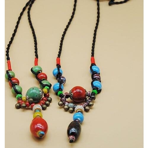 12 Pieces/Lot Ceramic Beads Long Necklace Ethnic Rope Knot Vintage Bells Necklace Sweater Chain Charm Choker Jewelry For Women