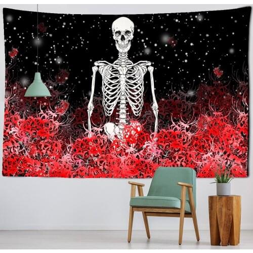 Skull Yoga Tapestry Red Flowers Datura Travel Sleeping Pad Polyester Fabric Skeleton Printed Psychedelic Wall Hanging