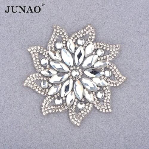 JUNAO 75mm Hotfix Clear Glass Flower Rhinestone Patches Crystal Applique Iron On Transfer Patch Hot Fix Motifs for Dress