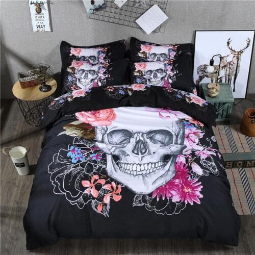 SOLSTICE Halloween Bedding Set 3D Printing Black Skull Pink Flower Polyester Duvet Cover Pillowcase King Size(No Bed Sheets)