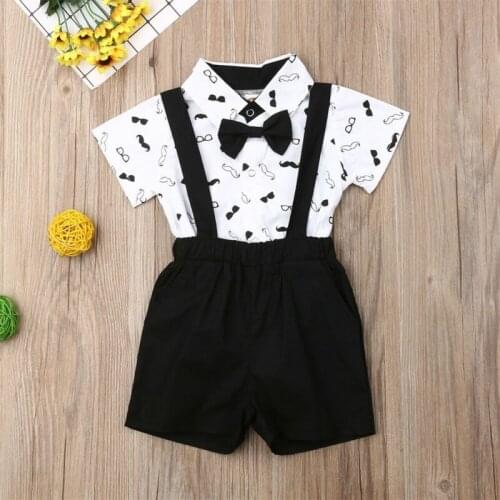 Baby Boys Two-Pieces Suits Formal Children Fantasy Boy Child Suit Bow Dress Shirts Bodysuit+Overall Wedding Wear Summer Clothing