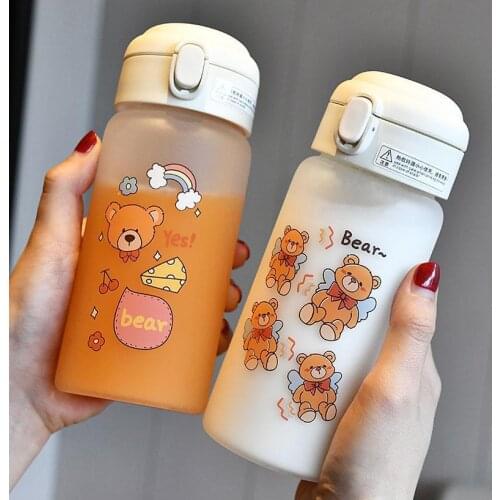 450ml Creative Bear Glass Water Bottle with Straw Cartoon Frosted Leakproof Travel Drinkware Cute Kids Student Girl Gift Cups