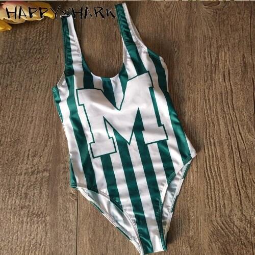 HAPPYSHARK Sports Green White Stripe Swimwear 2019 Sexy Girls One Piece Swimsuit Letter Print Bodysuit Summer Bikini Beachwear