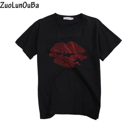 ZuoLunOuBa Summer Fashion Black Tees Tops Lips Hot Diamond Decoration Women Clothing Short Sleeved Round Neck T Shirt
