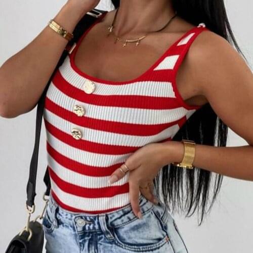 Ladies Casual Stripes Tank Tops Summer Stylish Buttons Sleeveless Slim Fit Vest Women Club Low Collar Pullovers Tee Summer
