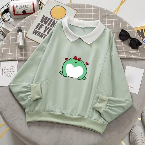 Korean Style Cute Frog Sweatshirts for Women Cotton Sweatshirt with Pocket Harajuku Hoodies for Girls All-match Funny Clothes