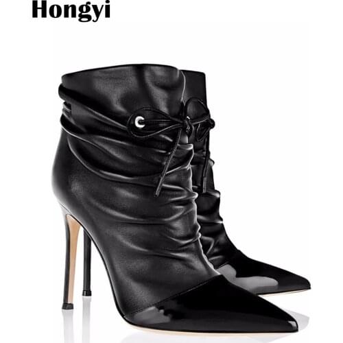 Hongyi Fashion Ankle Elastic Black Leather Lace Up Boots Thin High Heels Stretch Autumn Sexy Booties Pointed Toe Women Size 42