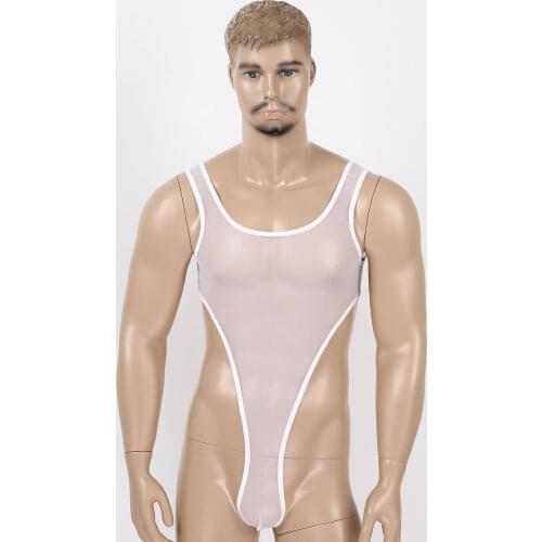 Mens One-piece See Through Sheer Mesh Undershirts U Neck Sleeveless High Cut Leotard Bodysuit Gay Wrestling Singlet Underwear