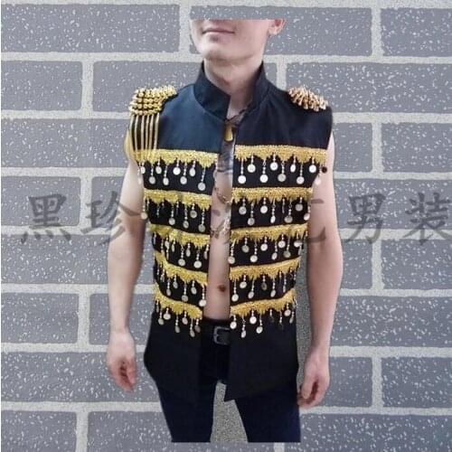 Personality slim male tassel sleeveless vest men punk rock costumes hombre singer dance stage fashion costume stand collar black