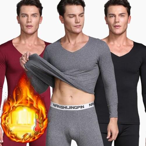 Men Winter Hot Style Seamless Thermal Underwear Set Male V Collar Thin Style and Velvet Winter Primer Long Johns
