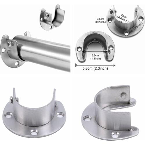 Stainless Steel Clothes Rail Closet Rail Curtain Rod Shower Curtain Closet U-Shaped Rod Closet Pole Sockets Flange End Supports