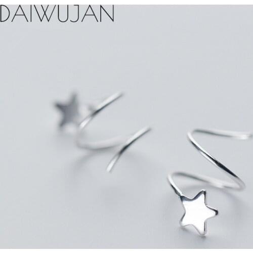 DAIWUJAN Real 925 Sterling Silver Glossy Star Rotating Wave Ear Clip Earrings For Women Fine Jewelry Party Bijoux