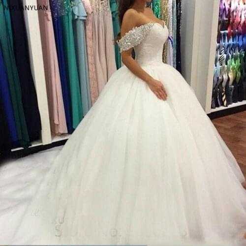 Wedding Dresses Off Shoulder Long Fashion Wedding Gown Beaded Wedding Dress Back Buttons robe de mariee Puffy Bridal Gowns