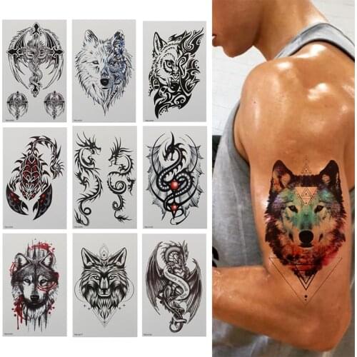 Waterproof Temporary Tattoo Sticker Dragon Wing Cross Flash Tatto Wolf Scorpion Totem Body Art Arm Water Transfer Fake Tatoo Men
