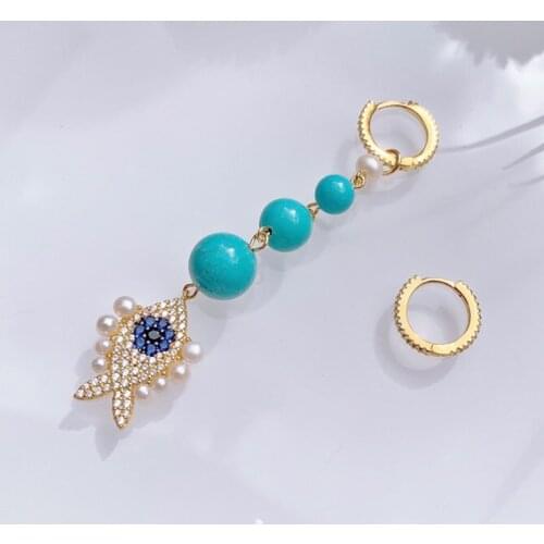 SLJELY 925 Sterling Silver Asymmetry Yellow Gold Color Lucky Eye Sky Blue Turquesa Fish AB Earrings with Pearl Stones for Women