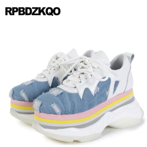 Women size 4 34 genuine leather blue high heels pumps wedge fashion 2019 round toe platform shoes designer denim lace up chic