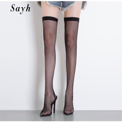 Womens Sexy Over Knee High Boots Pointed Toe Rock Mesh Boots Shoes High Heels Pumps Shoes Rome Gladiator Shoes