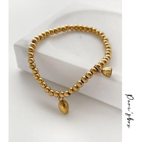 Perisbox Gold Color Stainless Steel Beads Chain Bracelets For Women Vintage Luxury Lotus Seeds Charm Beaded Chain Bracelet