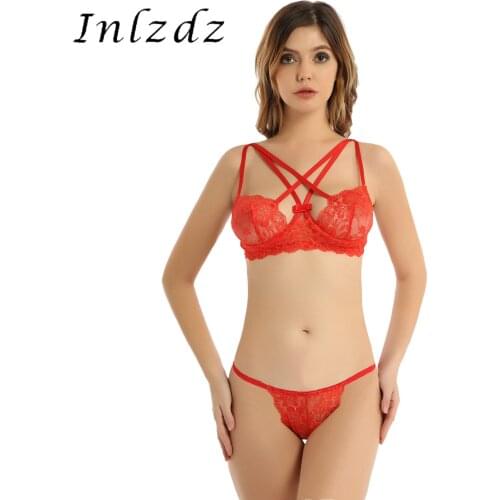 Womens Sexy Bra Set Strappy Floral Lace See-Through Lingerie Suit Under-wired Bra with Elastic Waistband Briefs Erotic Sleepwear
