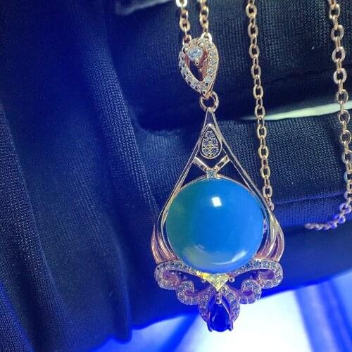 S925 Sterling Silver Gold-Plated Inlaid Natural Amber AAA Zircon Necklace Female Exquisite Blue Amber Round Bead Necklace Female