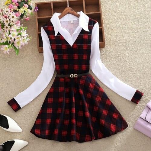 Spring and Autumn Women Dress Elegant Ladies Vintage Dress Shirt Collar Mini Plaid Dress Long Sleeve Casual Dresses Vestidos