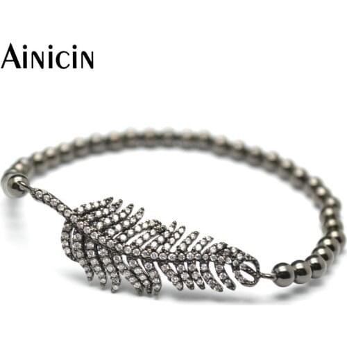 5pcs High Quality Fashion Women Bracelets Gun Black Plated Copper Feather Charms 4mm Round Beads Strand Bracelet