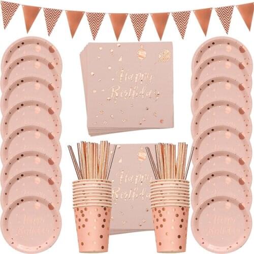 78pcs/set Rose Gold Happy Birthday Printing Disposable Tableware Set Paper Plate Cup Banner Napkins Party Dinnerware Deco