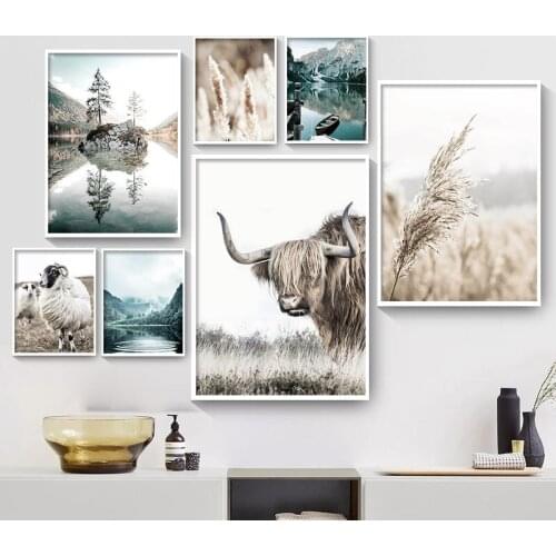 Aurora Lake Reflection Sheep Yak Animals Nature Scenery Canvas Painting Scandinavian Art Print Poster Wall Picture Home Decor