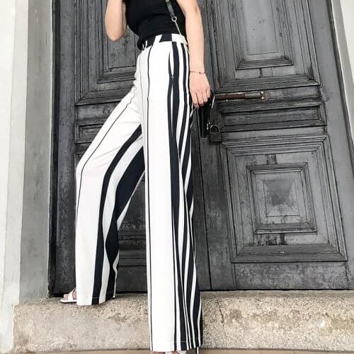 Women casual pants retro new summer high waist loose long pants Fashion black and white striped chiffon wide leg pants